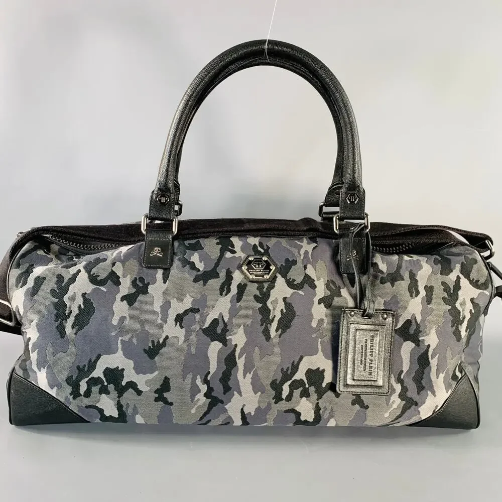 PHILIPP PLEIN Grey Black Camouflage Saffiano Leather Canvas Duffle Bag